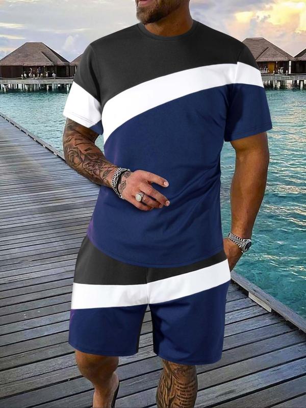 Two-piece Set Men's Colorblock Crewneck Tee & Elastic Waist Shorts Set, Men's 2 Piece Set, Airport Outfits 2024, Summer Clothes, Shortsleeve T-shirt & Track Shorts, Cozy Loose Top & Sweat Shorts, Casual Fashion Men Back To School Clothes for Daily Wear