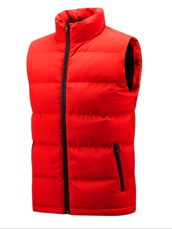 Men's Solid Zip Up Funnel Neck Warm Gilet, Regular Fit Casual Pocket Design Sleeveless Outerwear for Fall & Winter, Men's Clothes for Daily Wear