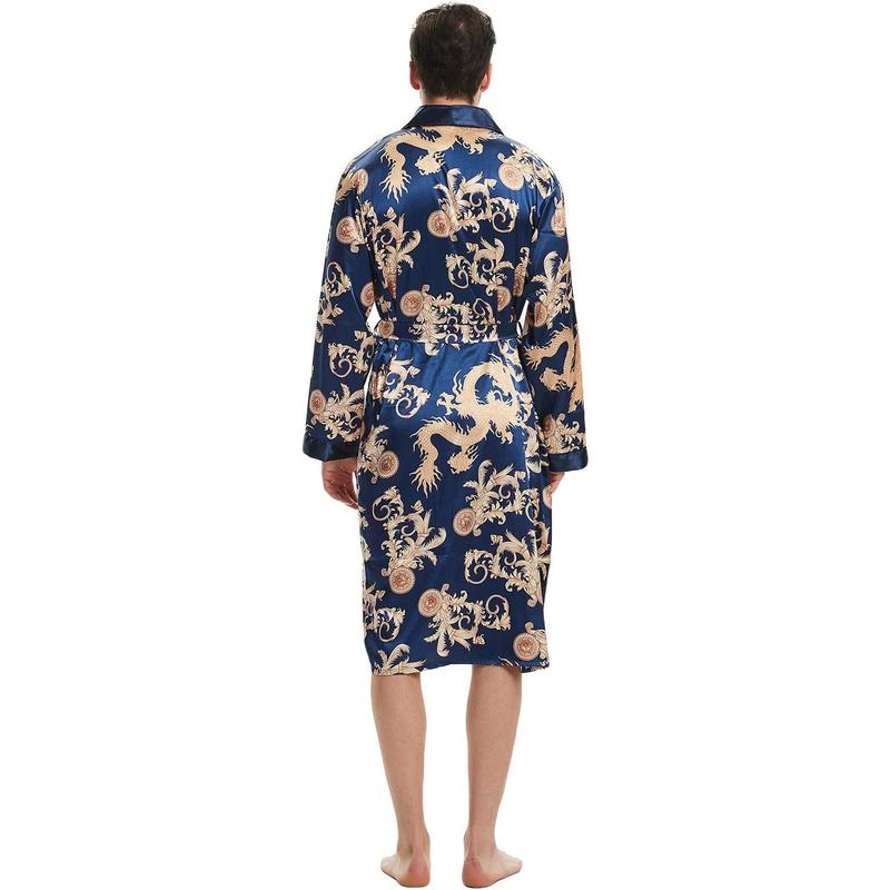 Men's Satin Robe Dragon Luxurious Silk Spa Long Sleeve House Kimono Bathrobe