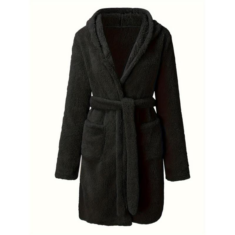 PLUS SIZE Men's Fleece Cozy Long Sleeve Hooded Robe - Casual Solid Color with Belt & Pockets for Fall Winter