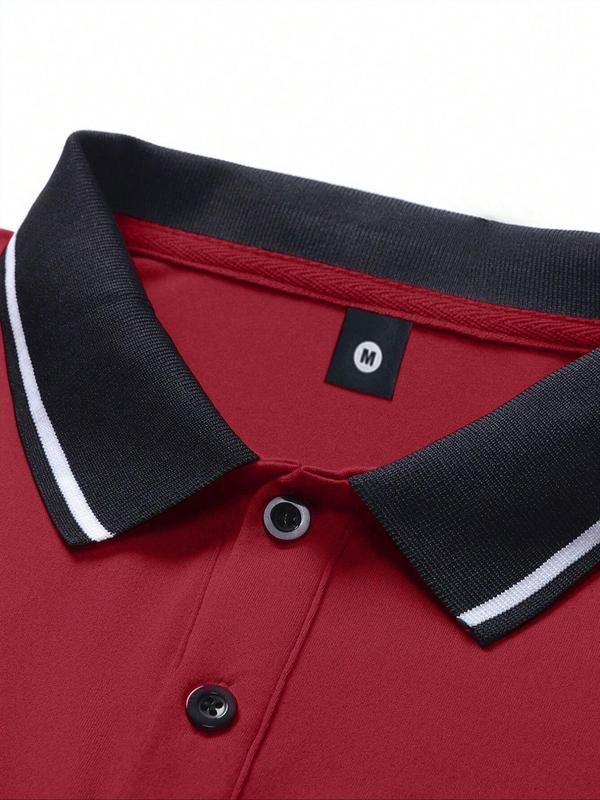 Men's Patchwork Long Sleeve Polo Shirt, Regular Fit Casual Button Front Collared Top for Summer, Fashion Men's Clothes for Daily Wear