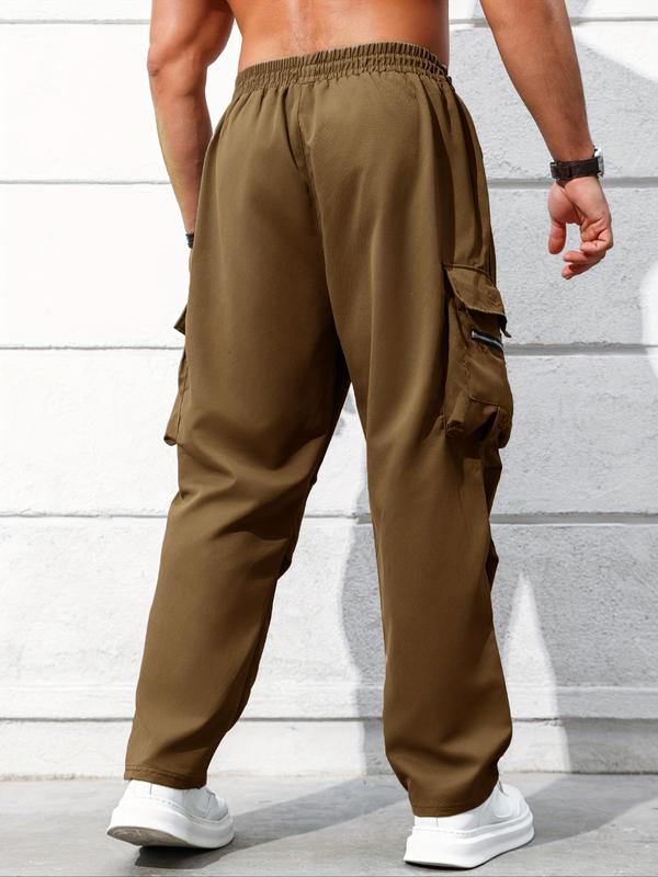  Men's Solid Flap Pocket Cargo Pants, Casual Streetwear Regular Fit Drawstring Waist Jogger Pants for Daily Wear, Pants for Men, Men's Trousers for Fall, Fall Bottoms 2024