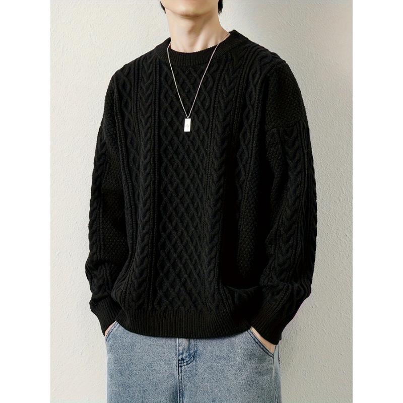 Men's Loose Solid Knitted Pullover, Casual Long Sleeve Crew Neck Sweater For Fall Winter Fabric Knitwear