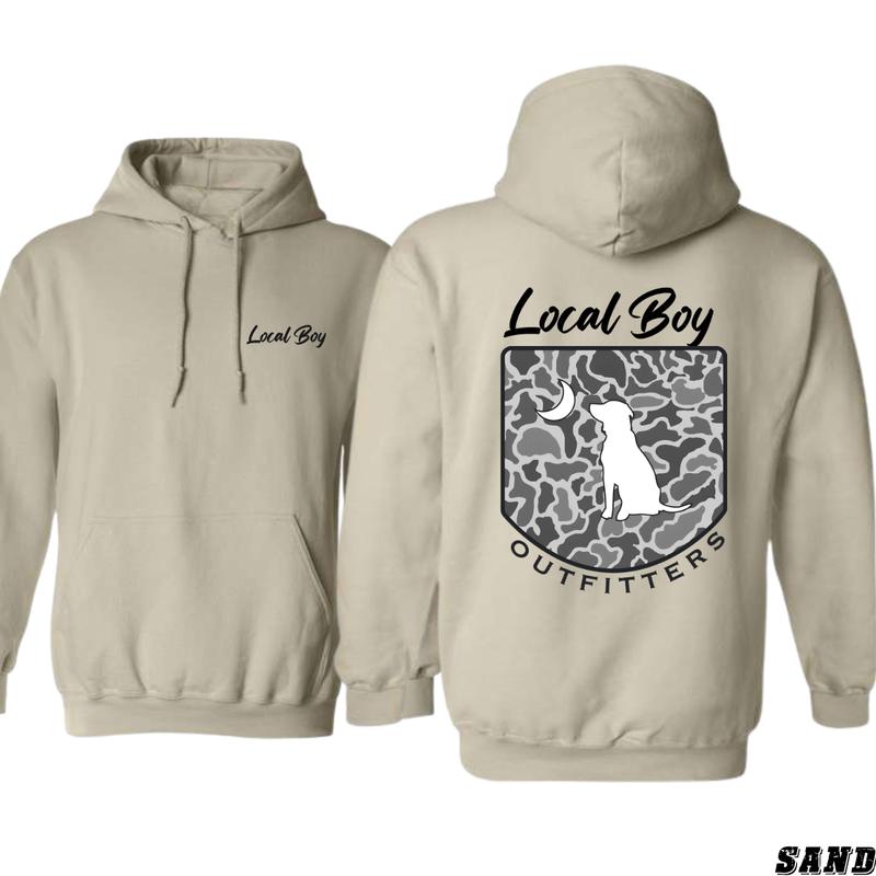 Local Boy Outfitters Hoodie - Classic Camouflage Design, camo hoodie, Unisex Sweater with Dog and Moon Graphic - Long Sleeve, Sweatshirts