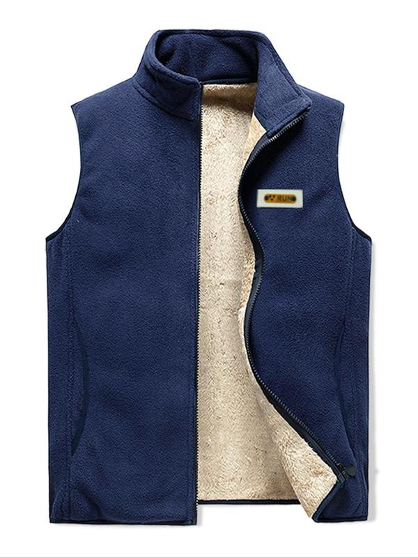 Men's Thermal Lined Zip Up Vest Jacket, Regular Fit Casual Sleeveless Stand Collar Coat, Patched Letter Winter Jacket, Streetwear,  Men's Fall Clothing,  Men's Outerwear, Jackets for Men