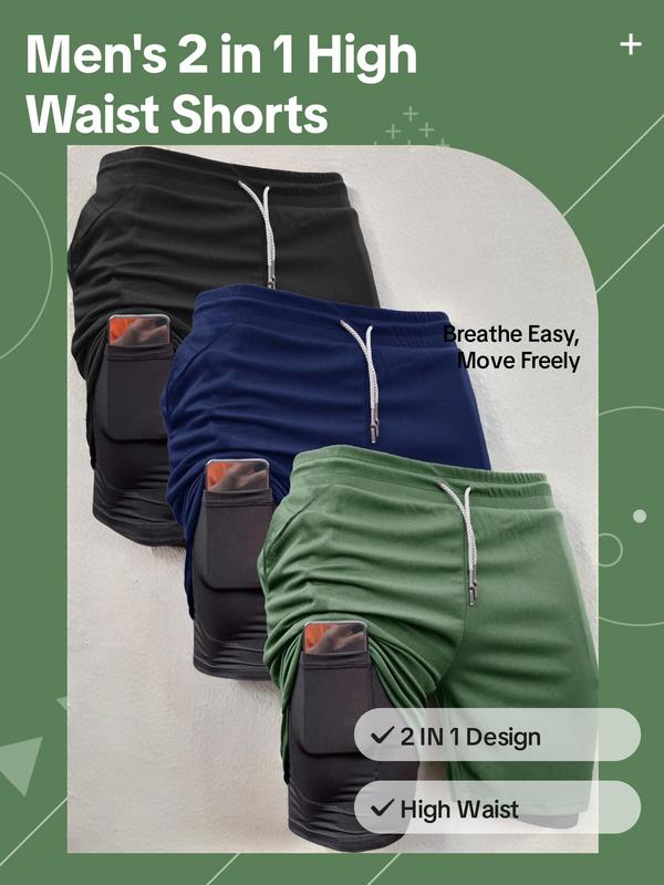 Men's 2 in 1 Drawstring Waist Shorts, Breathable Comfortable Pocket High Waist Shorts, Casual Men's Bottoms for Outdoor