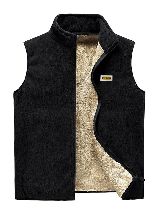 Men's Thermal Lined Zip Up Vest Jacket, Regular Fit Casual Sleeveless Stand Collar Coat, Patched Letter Winter Jacket, Streetwear,  Men's Fall Clothing,  Men's Outerwear, Jackets for Men