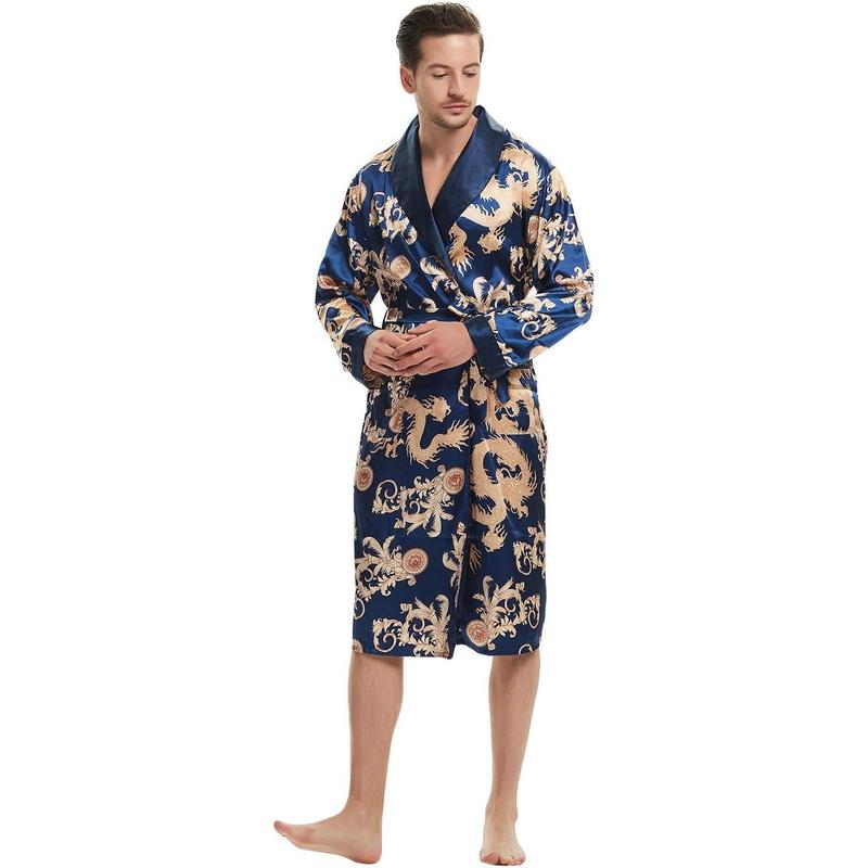 Men's Satin Robe Dragon Luxurious Silk Spa Long Sleeve House Kimono Bathrobe