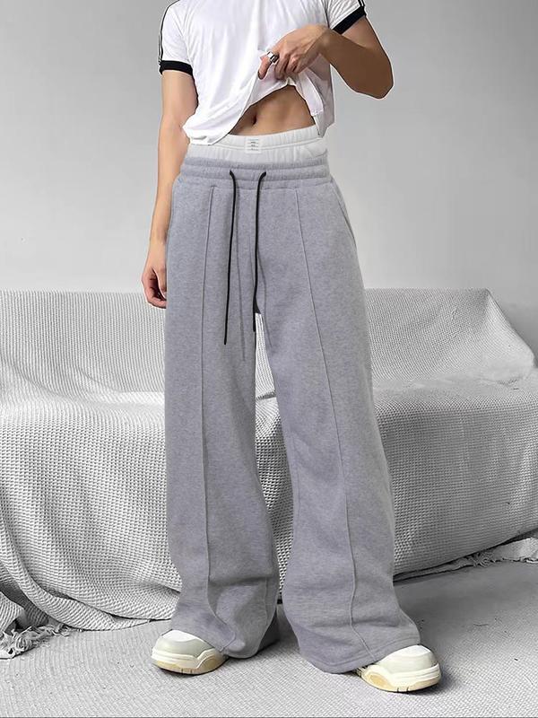 Men's Patchwork Drawstring Waist Lounge Pants, Casual Comfy Regular Fit Pocket Trousers for Fall & Winter, Men's Sleepwear for Indoor Wear