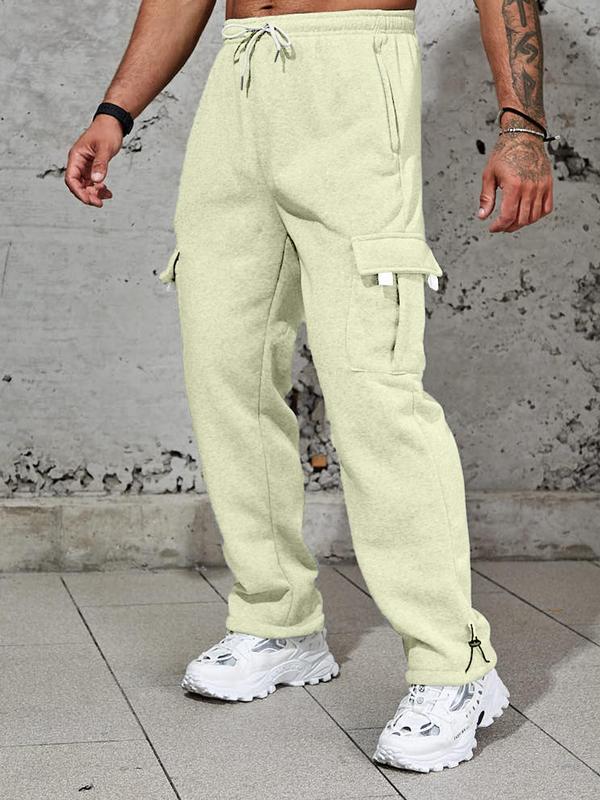 Men's Stylish Plain Flap Pocket Drawstring Waist Wide Leg Pants, Going Out Outfit, Fashion Casual Soft Stretchy Comfort Straight Leg Trousers for Daily Outdoor Wear, Men's Tracksuit for Fitness Travel, Men Cargo Pants, Fall Drippy Going Out Outfits