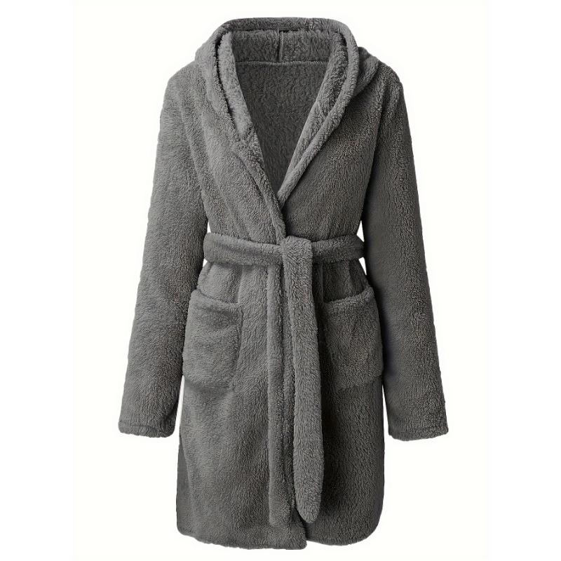 PLUS SIZE Men's Fleece Cozy Long Sleeve Hooded Robe - Casual Solid Color with Belt & Pockets for Fall Winter