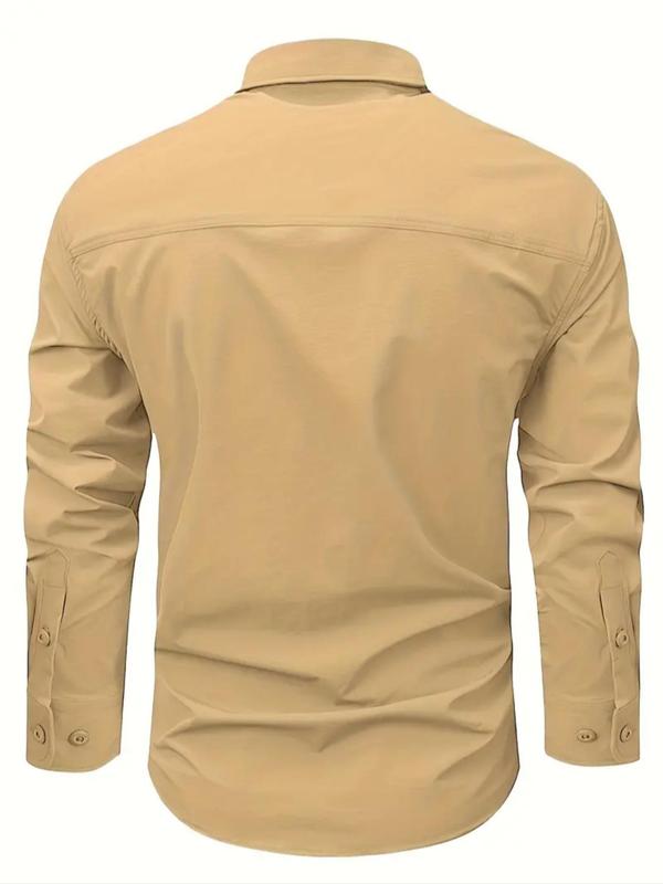 Men's Solid Pocket Button Front Shirt, Regular Fit Casual Long Sleeve Collared Top for Fall & Winter, Men's Clothes for Outdoor Work