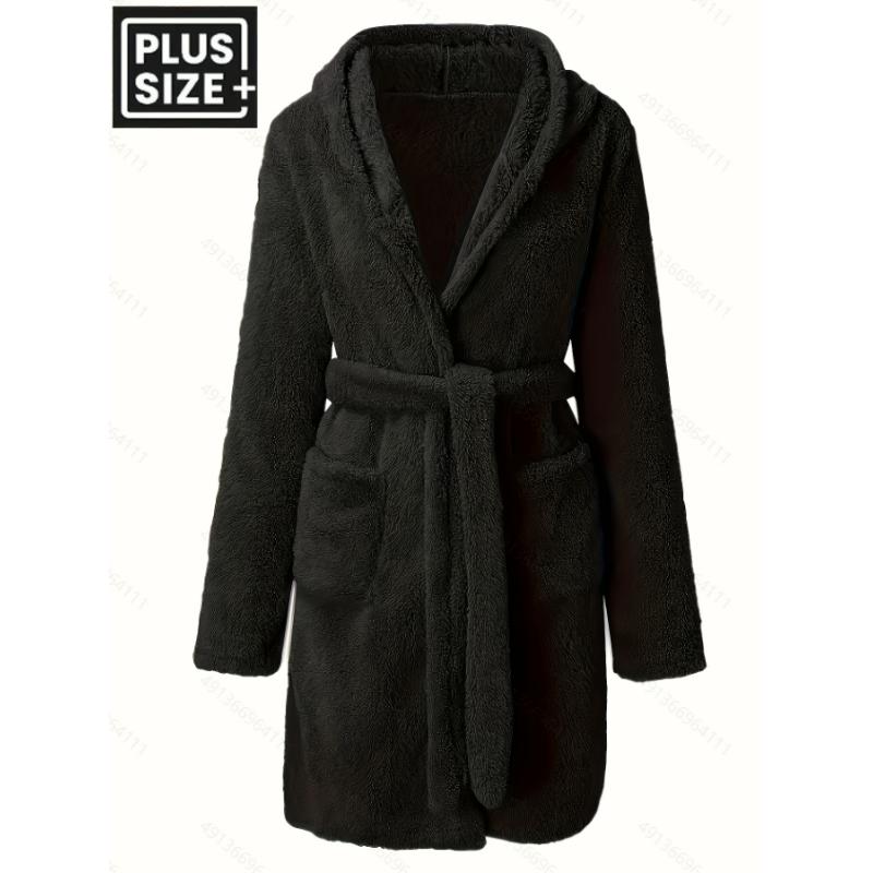 PLUS SIZE Men's Fleece Cozy Long Sleeve Hooded Robe - Casual Solid Color with Belt & Pockets for Fall Winter