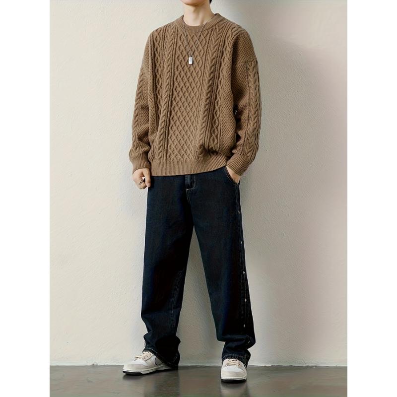 Men's Loose Solid Knitted Pullover, Casual Long Sleeve Crew Neck Sweater For Fall Winter Fabric Knitwear