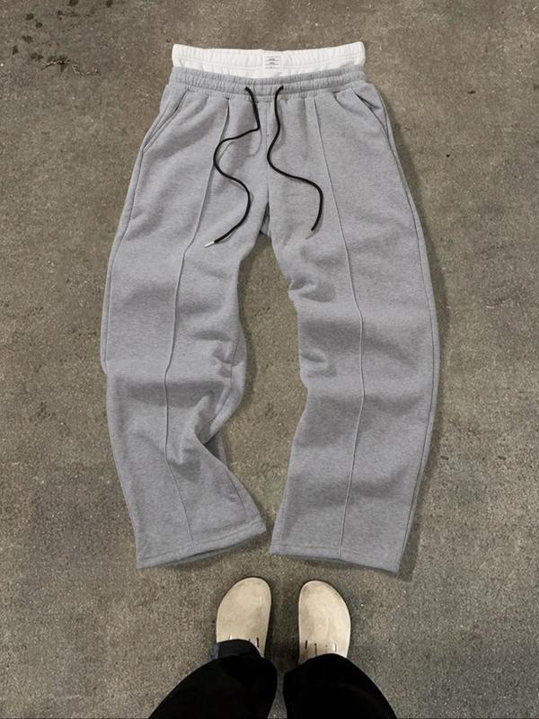 Men's Patchwork Drawstring Waist Lounge Pants, Casual Comfy Regular Fit Pocket Trousers for Fall & Winter, Men's Sleepwear for Indoor Wear