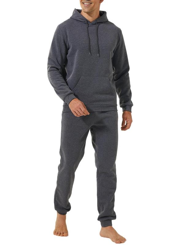 Two-piece Set Men's Solid Long Sleeve Thermal Lined Hoodie & Drawstring Waist Pants Loungewear, Casual Comfy Elastic Waist Pocket Design Sleepwear Set for Fall & Winter, Men's Sleepwear for Indoor Wear