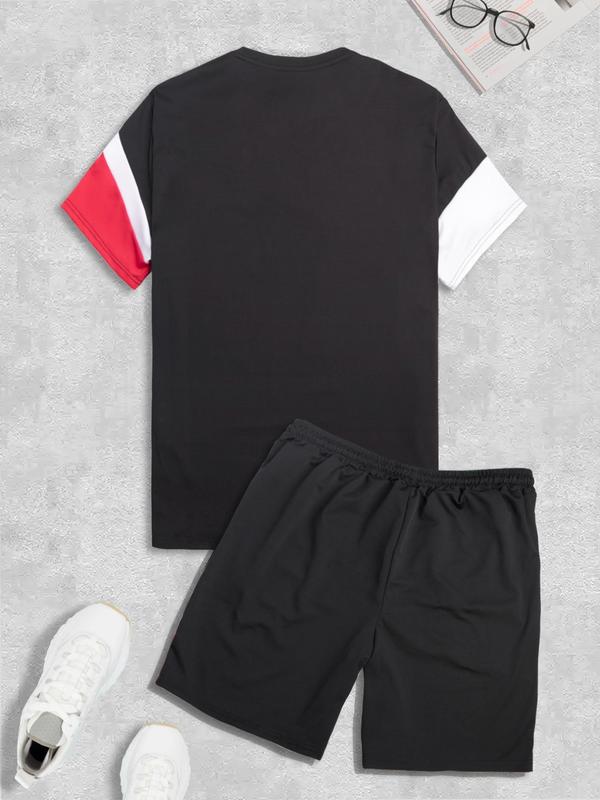 Two-piece Set Men's Colorblock Crewneck Tee & Elastic Waist Shorts Set, Men's 2 Piece Set, Airport Outfits 2024, Summer Clothes, Shortsleeve T-shirt & Track Shorts, Cozy Loose Top & Sweat Shorts, Casual Fashion Men Back To School Clothes for Daily Wear