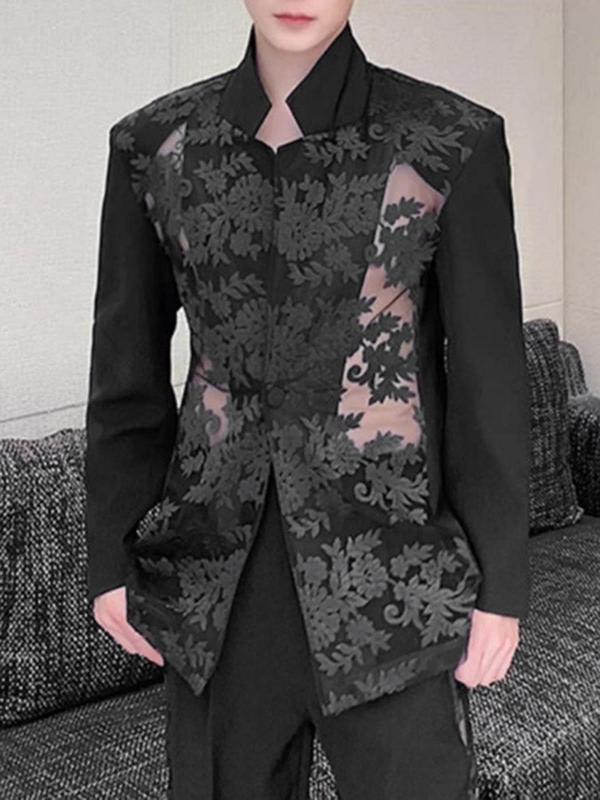 Men's Contrast Floral Lace Contrast Lace Sheer Blazer Jacket, Regular Fit Long Sleeve Lapel Neckline Suit Jacket for Party, Fashion Men's Clothing for All Seasons