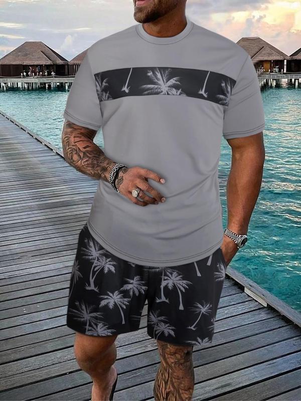 2 Counts Men's Coconut Print Tee & Shorts Suits Set, Round Neck Short Sleeve T-shirt Tops & Drawstring Waist Shorts Set, Back-to-school Clothing, Men Outfits for Beach Vacation Formal Wear, Summer Outfits, Menswear, Starboy Outfit Men