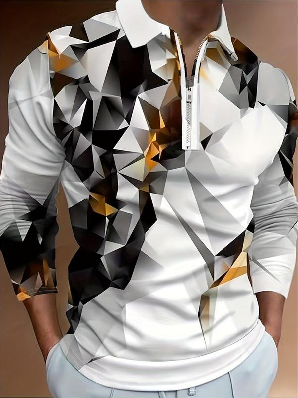 Men's Geometric Print Zipper Half Placket Polo Shirt, Regular Fit Casual Long Sleeve Collared Top for Daily Outdoor Wear, Fashion Men's Clothes for All Seasons