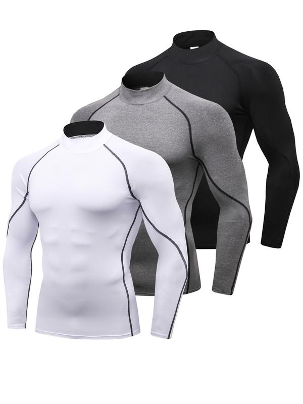 Men's Solid Compression Thermal Lined Tee, Quick Drying Long Sleeve Mock Neck T-Shirt, Basic Sporty Top for Gym Sports, Men Sports Thermal Underwear