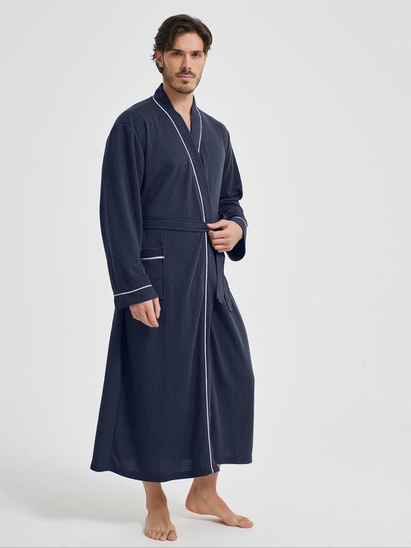 Men's Contrast Binding Pocket Belted Lounge Robe, Casual Soft Comfortable Long Sleeve V Neck Dressing Gown, Men's Sleepwear for All Seasons