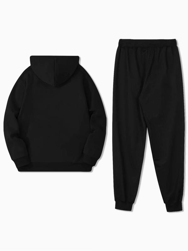 Unisex's Letter Print Drop Shoulder Kangaroo Pocket Hoodie & Drawstring Waist Sweatpants Two-piece Set, Regular Fit Casual Fashion Cozy Breathable Two Piece Outfits for Daily Wear, Unisex's Clothes for Fall & Winter