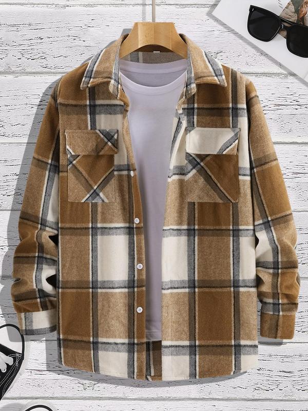 Men's Plaid Print Button Front Pocket Shirt, Regular Fit Casual Long Sleeve Collared Top for Fall & Winter, Men's Clothes for Daily Wear