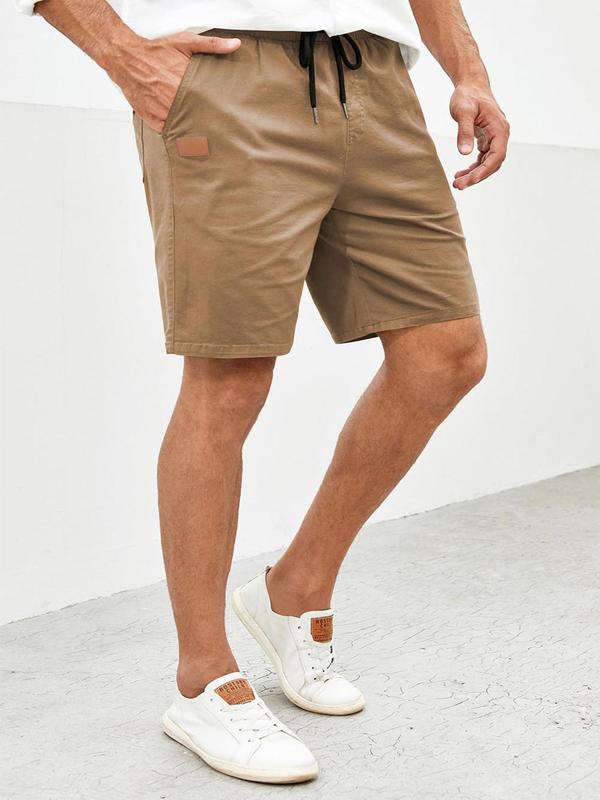 Men's Letter Patched Pocket Drawstring Waist Shorts, Casual Loose Solid Straight Leg Shorts for Summer, Woven Bottoms for Men