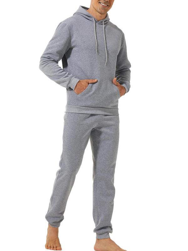 Two-piece Set Men's Solid Long Sleeve Thermal Lined Hoodie & Drawstring Waist Pants Loungewear, Casual Comfy Elastic Waist Pocket Design Sleepwear Set for Fall & Winter, Men's Sleepwear for Indoor Wear