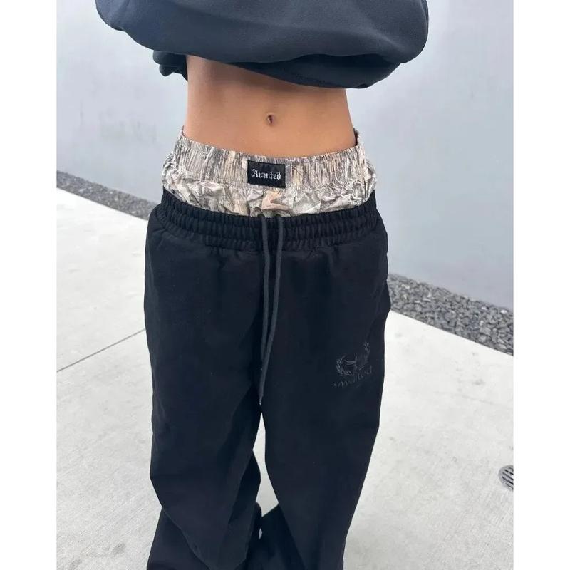 Y2K pants vintage Harajuku double Embroidered waist Sweatpants Men Wome Hip Hop Casual High waisted Wide Leg Pants Streetwear