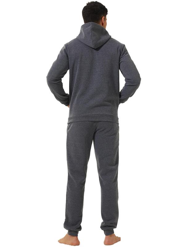 Two-piece Set Men's Solid Long Sleeve Thermal Lined Hoodie & Drawstring Waist Pants Loungewear, Casual Comfy Elastic Waist Pocket Design Sleepwear Set for Fall & Winter, Men's Sleepwear for Indoor Wear