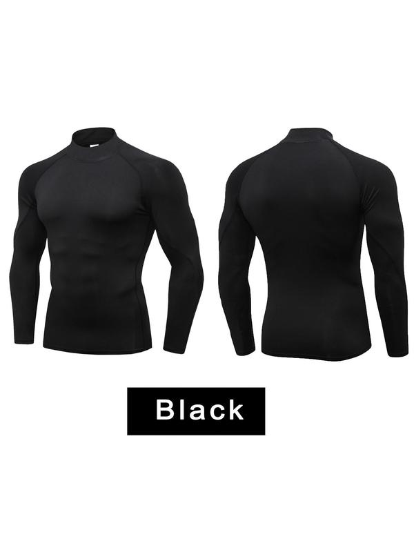 Men's Solid Compression Thermal Lined Tee, Quick Drying Long Sleeve Mock Neck T-Shirt, Basic Sporty Top for Gym Sports, Men Sports Thermal Underwear