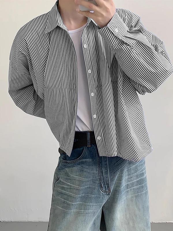 Men's Striped Print Button Front Shirt, Loose Casual Drop Shoulder Long Sleeve Collared Top for Daily Wear, Men's Clothes for All Seasons