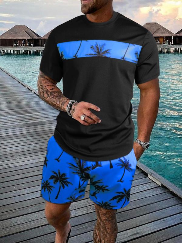 2 Counts Men's Coconut Print Tee & Shorts Suits Set, Round Neck Short Sleeve T-shirt Tops & Drawstring Waist Shorts Set, Back-to-school Clothing, Men Outfits for Beach Vacation Formal Wear, Summer Outfits, Menswear, Starboy Outfit Men