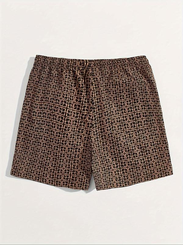 Men's Geometric Print Drawstring Waist Shorts, Regular Fit Casual Pocket Shorts for Summer, Men's Bottoms for Daily Wear