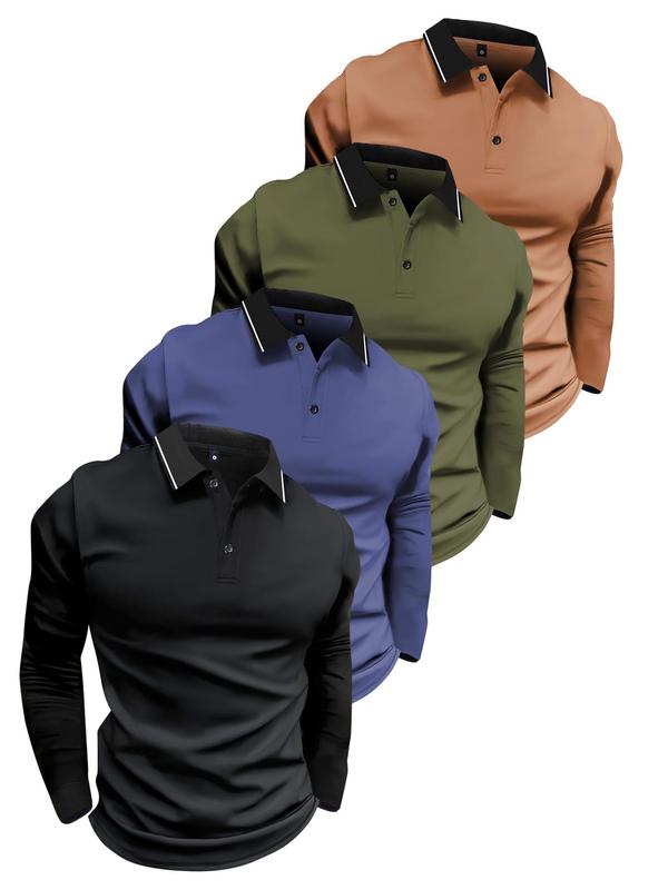 Men's Patchwork Long Sleeve Polo Shirt, Regular Fit Casual Button Front Collared Top for Summer, Fashion Men's Clothes for Daily Wear
