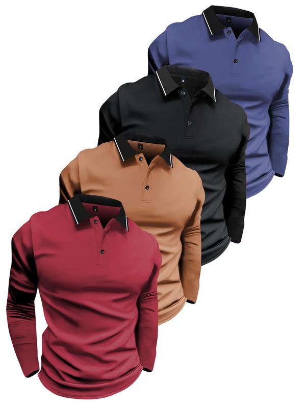 Men's Patchwork Long Sleeve Polo Shirt, Regular Fit Casual Button Front Collared Top for Summer, Fashion Men's Clothes for Daily Wear