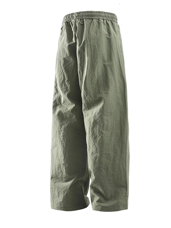 Men's Solid Pocket  Wide Leg Pants, Casual Comfy Breathable Waterproof Windproof Drawstring Waist Trousers for Outdoor Hiking Camping, Men's Bottoms for Fall & Winter