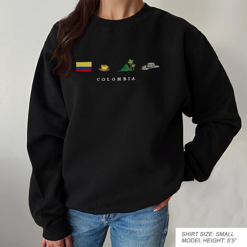 Colombia Embroidery Sweatshirt, Cozy, Black, Sombrero Vueltiao, Cafe Eje Cafetero, Palma de Cera, Andes, Vallenato, Accordion, Arepa, Medellin, Cartagena, Bogota, Cali, Paisa, Parce, Rolo, Gift, Symbol Stitch Crewneck Unisex