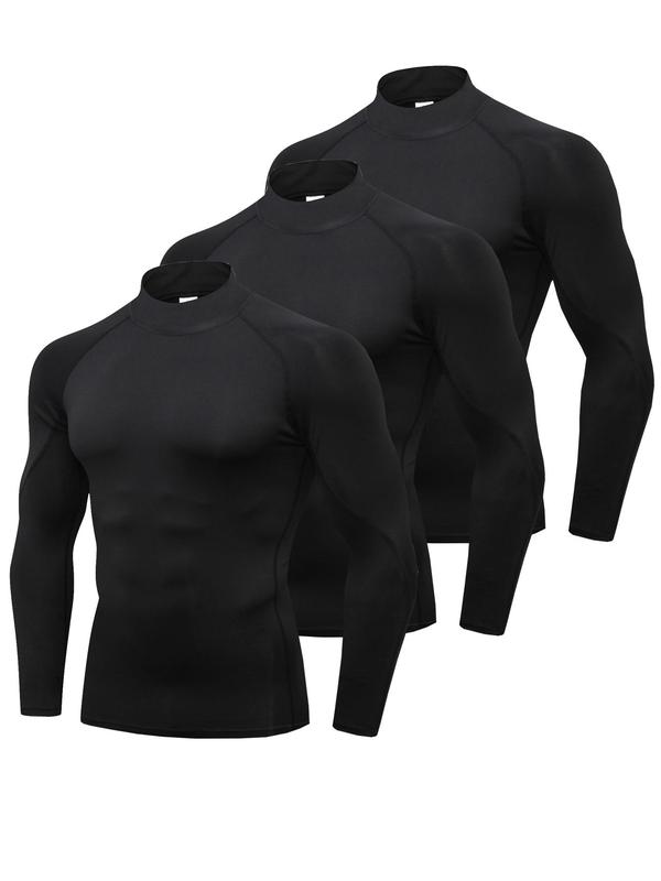 Men's Solid Compression Thermal Lined Tee, Quick Drying Long Sleeve Mock Neck T-Shirt, Basic Sporty Top for Gym Sports, Men Sports Thermal Underwear