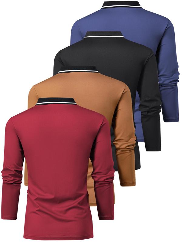 Men's Patchwork Long Sleeve Polo Shirt, Regular Fit Casual Button Front Collared Top for Summer, Fashion Men's Clothes for Daily Wear