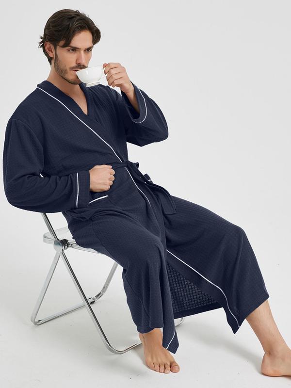 Men's Contrast Binding Pocket Belted Lounge Robe, Casual Soft Comfortable Long Sleeve V Neck Dressing Gown, Men's Sleepwear for All Seasons