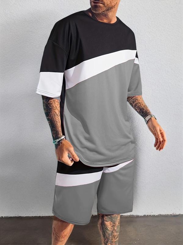 Two-piece Set Men's Colorblock Crewneck Tee & Elastic Waist Shorts Set, Men's 2 Piece Set, Airport Outfits 2024, Summer Clothes, Shortsleeve T-shirt & Track Shorts, Cozy Loose Top & Sweat Shorts, Casual Fashion Men Back To School Clothes for Daily Wear