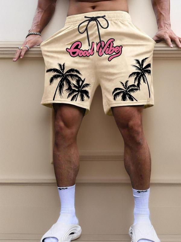 LGBTQ+ Men's Coconut Tree & Letter Print Drawstring Shorts, Loose Casual Street Pocket Elastic Waist Shorts for Summer, Fashion Men's Bottoms for Daily Wear, Summer Outfits