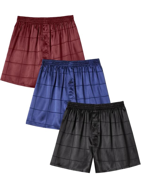 Men's Solid Color Plaid Print Satin Sleep Shorts Casual Comfy Breathable Elastic Waist Button Pajama Shorts, Men's Sleepwear & Loungewear for All Seasons