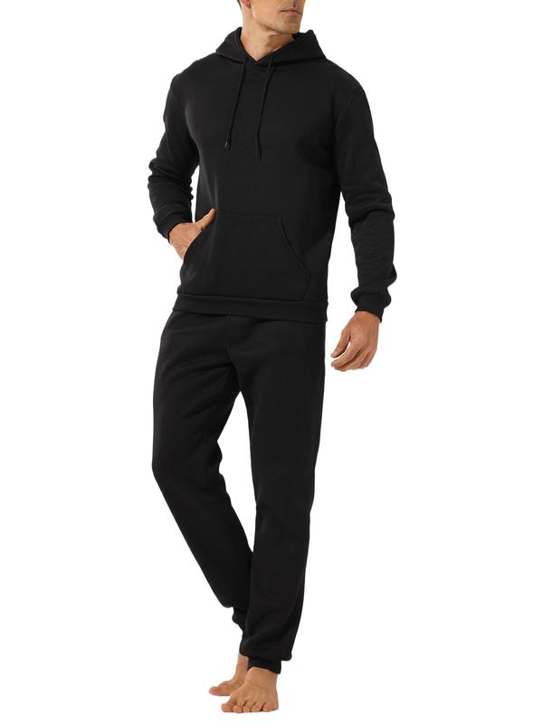 Two-piece Set Men's Solid Long Sleeve Thermal Lined Hoodie & Drawstring Waist Pants Loungewear, Casual Comfy Elastic Waist Pocket Design Sleepwear Set for Fall & Winter, Men's Sleepwear for Indoor Wear