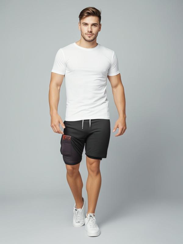 Men's 2 in 1 Drawstring Waist Shorts, Breathable Comfortable Pocket High Waist Shorts, Casual Men's Bottoms for Outdoor