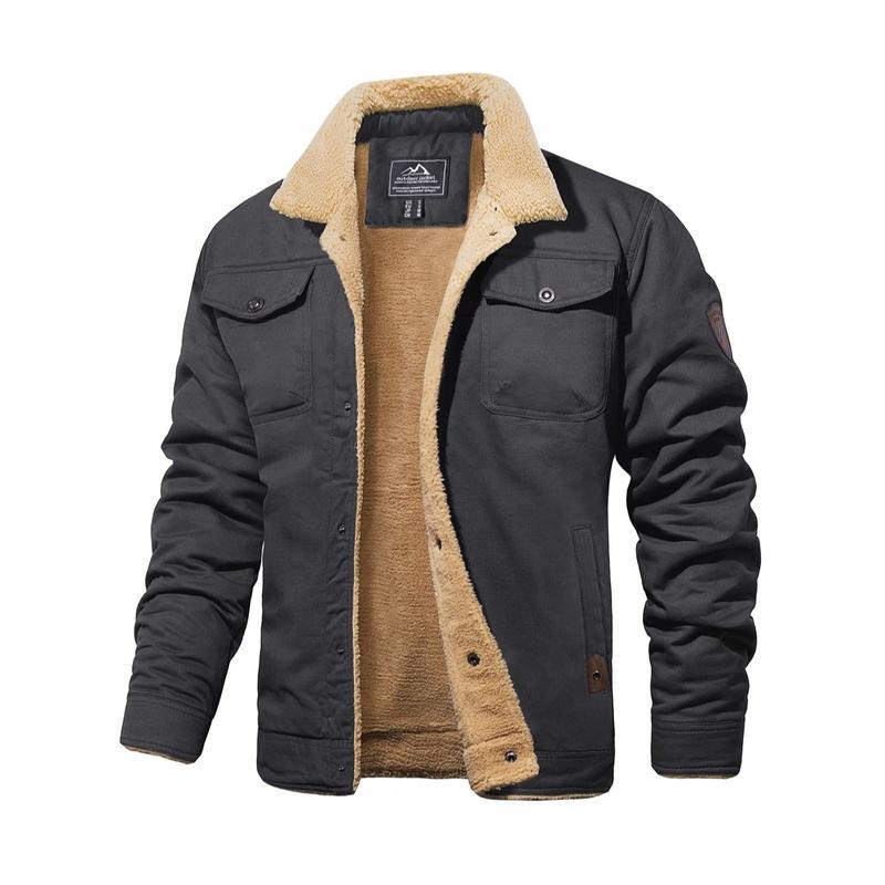 Men's Winter Jacket Sherpa Lined Jacket Warm Trucker Coat Multi Pocket Casual Collared Menswear Tops Men's Fleece-lined Cotton Casual Jacket