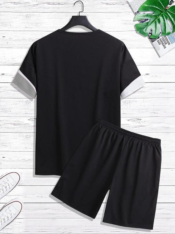 Two-piece Set Men's Colorblock Crewneck Tee & Elastic Waist Shorts Set, Men's 2 Piece Set, Airport Outfits 2024, Summer Clothes, Shortsleeve T-shirt & Track Shorts, Cozy Loose Top & Sweat Shorts, Casual Fashion Men Back To School Clothes for Daily Wear